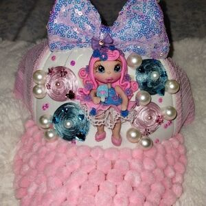 Pink and White Decorative Cap with Doll and Pearls